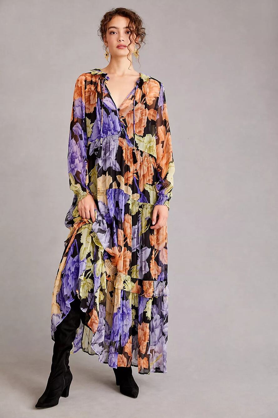 Anthropologie The Marais Printed Chiffon Ruffle Tiered Long Sleeve Maxi Dress XS
